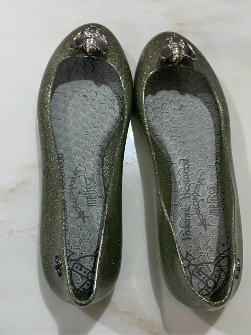 Vivienne Westwood x Melissa Olive Green Glitter Ballet Flats